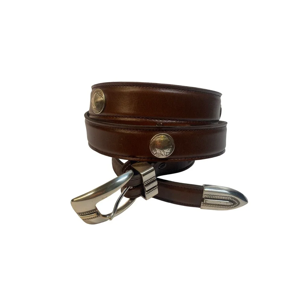 Hand Finished Leather Buffalo Nickel Belt Mens 46 Brown Western Concho Silver